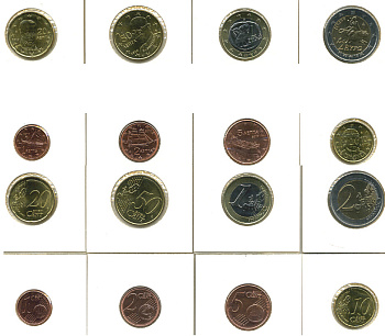 ГРЕЦИЯ ЕВРОНАБОР ИЗ 8 МОНЕТ 2010 (1, 2, 5, 10, 20, 50 ЕВРОЦЕНТОВ, 1, 2 ЕВРО), В ХОЛДЕРАХ UNC 78-28