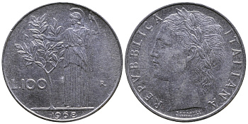 Италия 100 лир 1968  R, Афина в доспехах KM 96.1 нержавеющая сталь 259-656