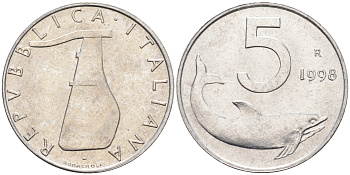Италия 5 лир 1998 R, дельфин KM 92 алюминий  UNC  4594-957