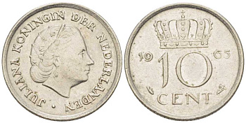 Нидерланды 10 центов 1965 Юлиана (1949-1980) KM 182 никель 214-1217