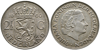 Нидерланды 2 1/2 гульдена 1960 Юлиана (1948-1980) KM 185 серебро 177-446