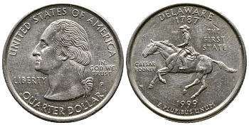 США 25 центов (квотер) 1999 Р, серия штаты США, Делавэр KM 293 медь плакированная медно-никелем 4610-554