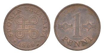 Финляндия 1 пенни 1966 KM 44 медь 4647-232