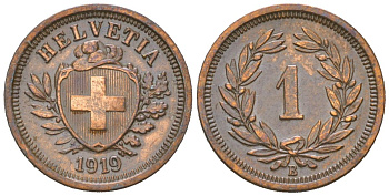 Швейцария 1 раппен 1919 B KM 3 бронза 4547-345