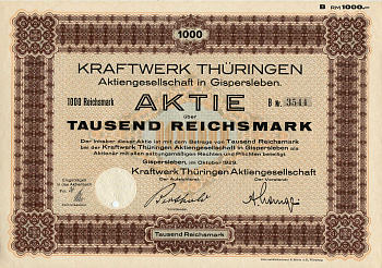 Германия 1000 рейхсмарок 1929 АО Электростанция Тюрингии, акция   бумага   8801-100-1
