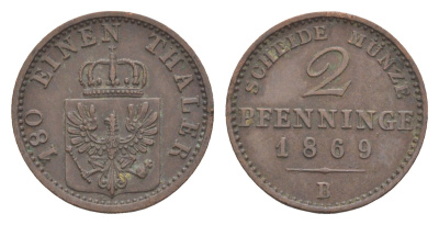 Пруссия 2 пфеннига 1869 B, Вильгельм I (1861-1888) KM 481, Jaeger 51, AKS 107, Olding 425 медь 4651-265