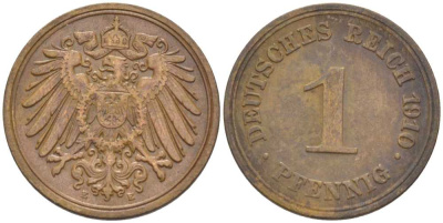 ГЕРМАНИЯ 1 ПФЕННИГ 1910 E KM 10, J. 10, Weege 2 медь 211-432