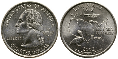 США 25 центов = квотер 2002 Р, серия штаты США, Луизиана KM 333 медь плакированная медно-никелем UNC 80-326