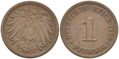 ГЕРМАНИЯ 1 ПФЕННИГ 1899 D KM 10, J. 10, Weege 2 медь 211-238