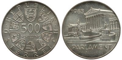 Австрия 500 шиллингов 1983 здание Парламента KM 2964 серебро UNC 00-00