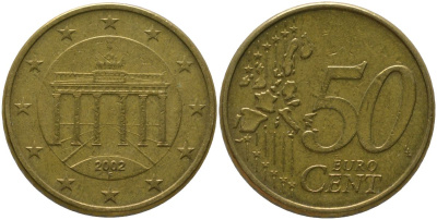 Германия 50 евроцентов 2002 F, Бранденбургские ворота KM 212 нордик 4573-831