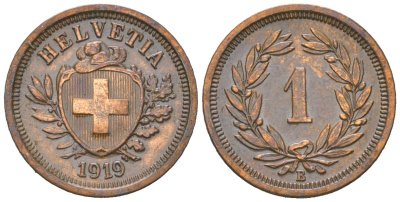Швейцария 1 раппен 1919 B KM 3 бронза 4547-345
