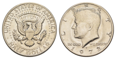 США 1/2 доллара (50 центов) 1972 D, Джон Кеннеди KM 202b медь плакированная медно-никелем aUNC 189-722