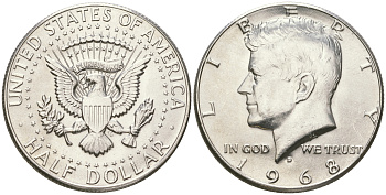 США 1/2 доллара (50 центов) 1968 D, Джон Кеннеди KM 202a серебро  UNC  4178-1031