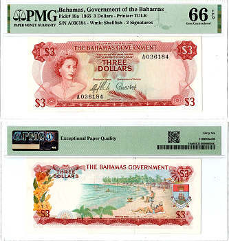 Багамский Острова (Багамы) 3 доллара 1965 в слабе PMG 66 (Gem Uncirculated), Парадайз Бич Pick 19 a бумага UNC (пресс) 452-2-125