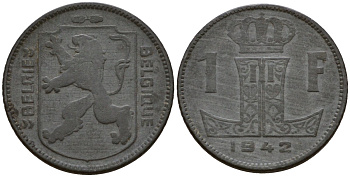 Бельгия 1 франк 1943 Belgie - Belgique KM 128 цинк 65-934