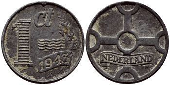 НИДЕРЛАНДЫ 1 ЦЕНТ 1943 ВИЛЬГЕЛЬМИНА (1890-1948) KM 170 цинк 46-527