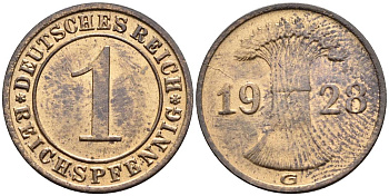 ГЕРМАНИЯ 1 РЕЙХСПФЕННИГ 1928 G KM 37, J. 313, Weege 2 бронза 4547-135