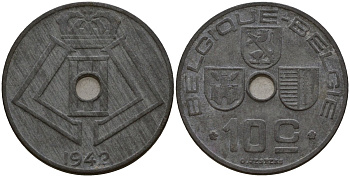 Бельгия 10 сантимов 1942 Belgique - Belgie, Леопольд III (1934-1947), германская оккупация, Вторая мировая война KM 125 цинк 4161-317
