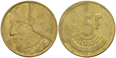 Бельгия 5 франков 1986 Belgique, Бодуэн I (1951-1993) KM 163 алюминиевая бронза 4601-133