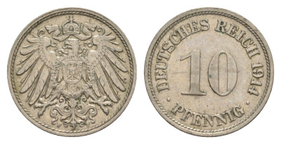 Германия 10 пфеннигов 1914 F, Вильгельм II (1888-1918) KM 12, J. 13 медно-никель 4640-332