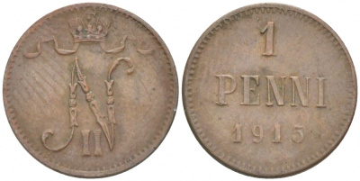 РОССИЯ ДЛЯ ФИНЛЯНДИИ 1 ПЕННИ 1915 НИКОЛАЙ II KM 13, Биткин 475 медь 4396-1437