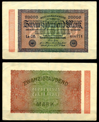 Германия 20000 марок 1923 20 февраля 1923, в/з №47, номер шестизначный Pick 85, Розенберг 84е  бумага   8617-35-1-1