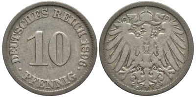 ГЕРМАНИЯ 10 ПФЕННИГОВ 1896 J KM 12, Jager 13, Weege 8 медно-никель 4538-827