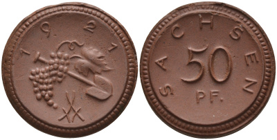 Саксония 50 пфеннигов 1921 виноград и лопата J. N 54 фарфор 1094-5-82