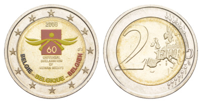 Бельгия 2 евро 2008 с наклейкой, 60 лет Всеобщей Декларации Прав Человека KM 248 биметалл 4178-411