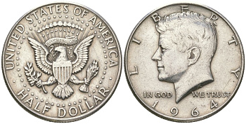 США 1/2 доллара (50 центов) 1964 D, Джон Кеннеди KM 202 серебро 221-1012