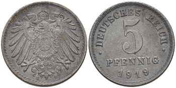 ГЕРМАНИЯ 5 ПФЕННИГОВ 1919 E KM 19, J. 297, Weege 5 железо 206-726