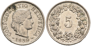 Швейцария 5 раппенов 1959 В КМ 26 медно-никель 4567-534