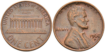 США 1 цент 1968 D, Линкольн KM 201 медь цинк 4564-447