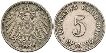Германия 5 пфеннигов 1910 F KM 11, Jager 12, Weege 6 медно-никель 4567-1028
