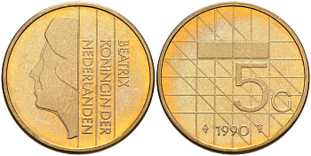 Нидерланды 5 гульденов 1990 Беатрикс (1980-2013) KM 210 никель плакированный бронзой 4116-156
