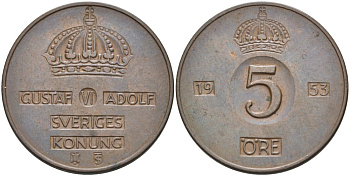 Швеция 5 эре 1953 TS, Густав VI Адольф (1950-1973) KM 822 бронза 4557-735
