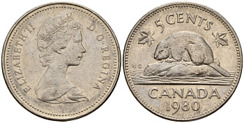 Канада 5 центов 1980 Елизавета II (1953-), бобр KM 60.2 никель 4189-913