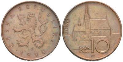 Чехия 10 крон 1996 чешский лев, кафедральный собор Брно KM 4 сталь плакированная медью 190-835