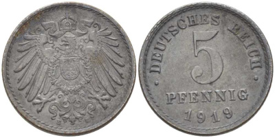 ГЕРМАНИЯ 5 ПФЕННИГОВ 1919 E KM 19, J. 297, Weege 5 железо 206-726