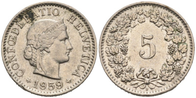 Швейцария 5 раппенов 1959 В КМ 26 медно-никель 4567-534