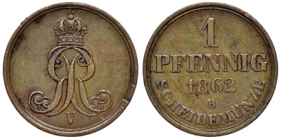 Ганновер 1 пфенниг 1862 B, Георг V KM 233, AKS 156, J. 90 медь 4594-523