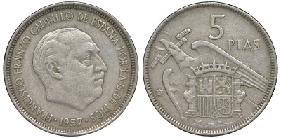 Испания 5 песета 1957 (65) Франсиско Франко (1939-1975) KM 786 медно-никель 4176-133