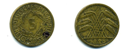 ГЕРМАНИЯ 5 РЕЙХСПФЕННИГОВ 1925 J, KM 39, J. 316 алюминиевая бронза 35-126