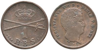 ДАНИЯ 1 РИГСБАНКСКИЛЛИНГ 1842 FF, КРИСТИАН VIII (1839-1848) KM 726.1 (С120.1) медь 34-536