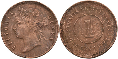 Стрейтс-Сетлментс 1 цент 1874 Виктория (1837-1901), Ост-Индская компания KM 9 медь 4590-336
