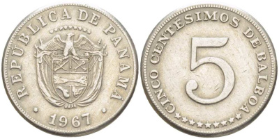 Панама 5 сентесимо 1967 KM 23.2 медно-никель 4513-737