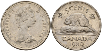 Канада 5 центов 1980 Елизавета II (1953-), бобр KM 60.2 никель 4189-913