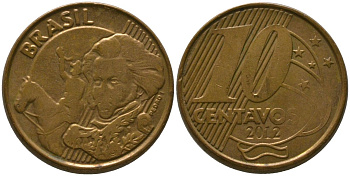 Бразилия 10 сентаво 2012 KM 649, Schon 157 сталь плакированная бронзой 4523-922