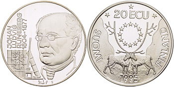 Финляндия 20 экю 1995 Йохан Людвиг Рунеберг серебро PROOF 1084-9-63